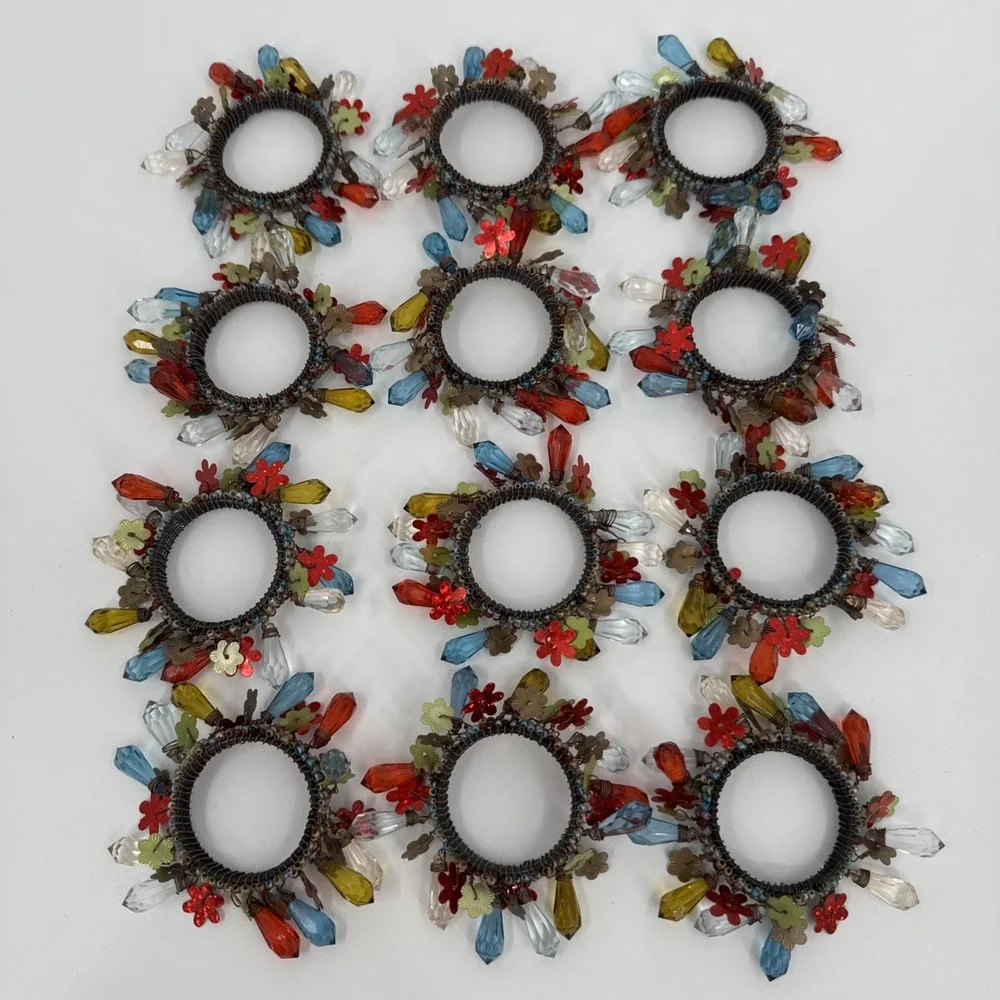VTG Pier One Floral‎ Springtime Beaded Napkin Rings Set of 12 Boho Floral Modern